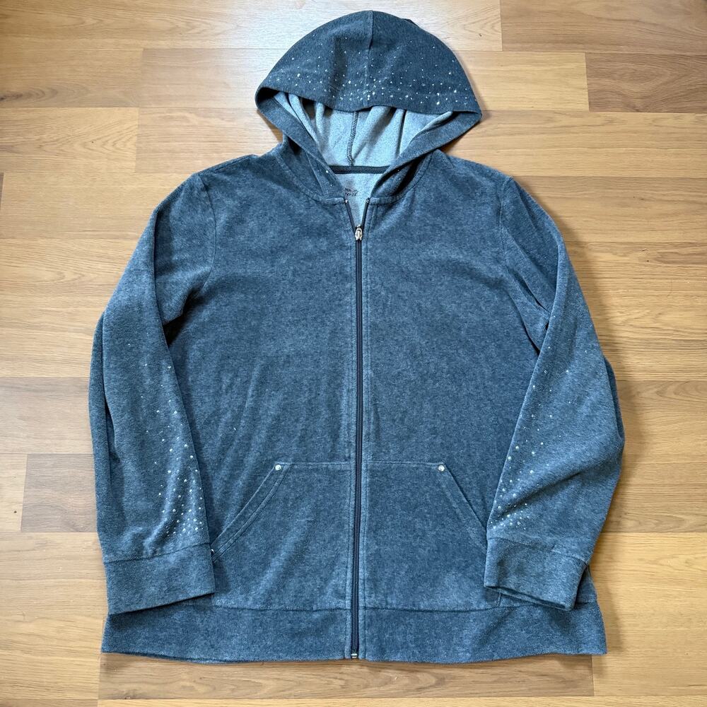 Women's Y2k Gray Velour Bedazzled Lightweight Zip Up Hoodie Sweatshirt Sz XL